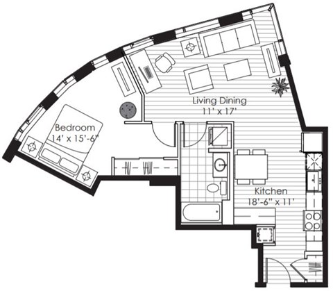 Floor plan for 1 bed, 1 bath, 737 sqft